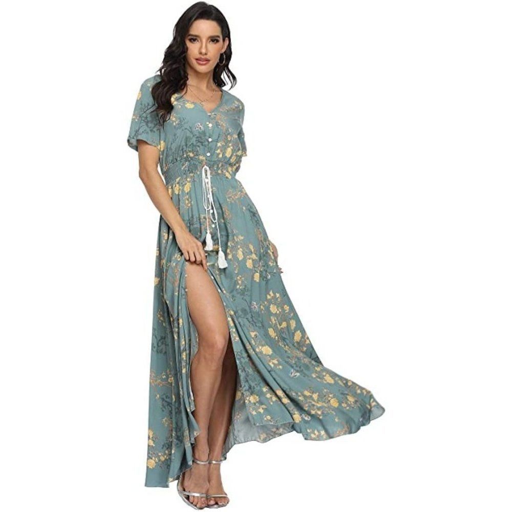Teal Green Floral Print Boho Maxi Dresses